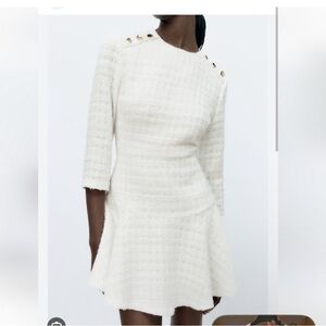 Zara tweed 3/4 sleeves gold buttons ruffled mini dress